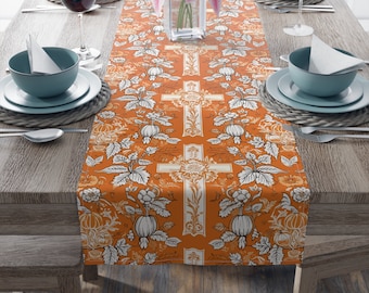 Catholic Thanksgiving Table Runner | Dining Table runner | Cotton or Polyester | Kitchen Accessory Gift | Holidays  |  Orange Toile | Fall