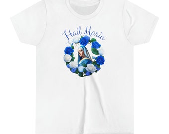 Catholic Marian T-shirt for girls | Blue roses Assumption of Mary Tee | Religious gift for kid | Youth Top floral | Best idea for Youth |