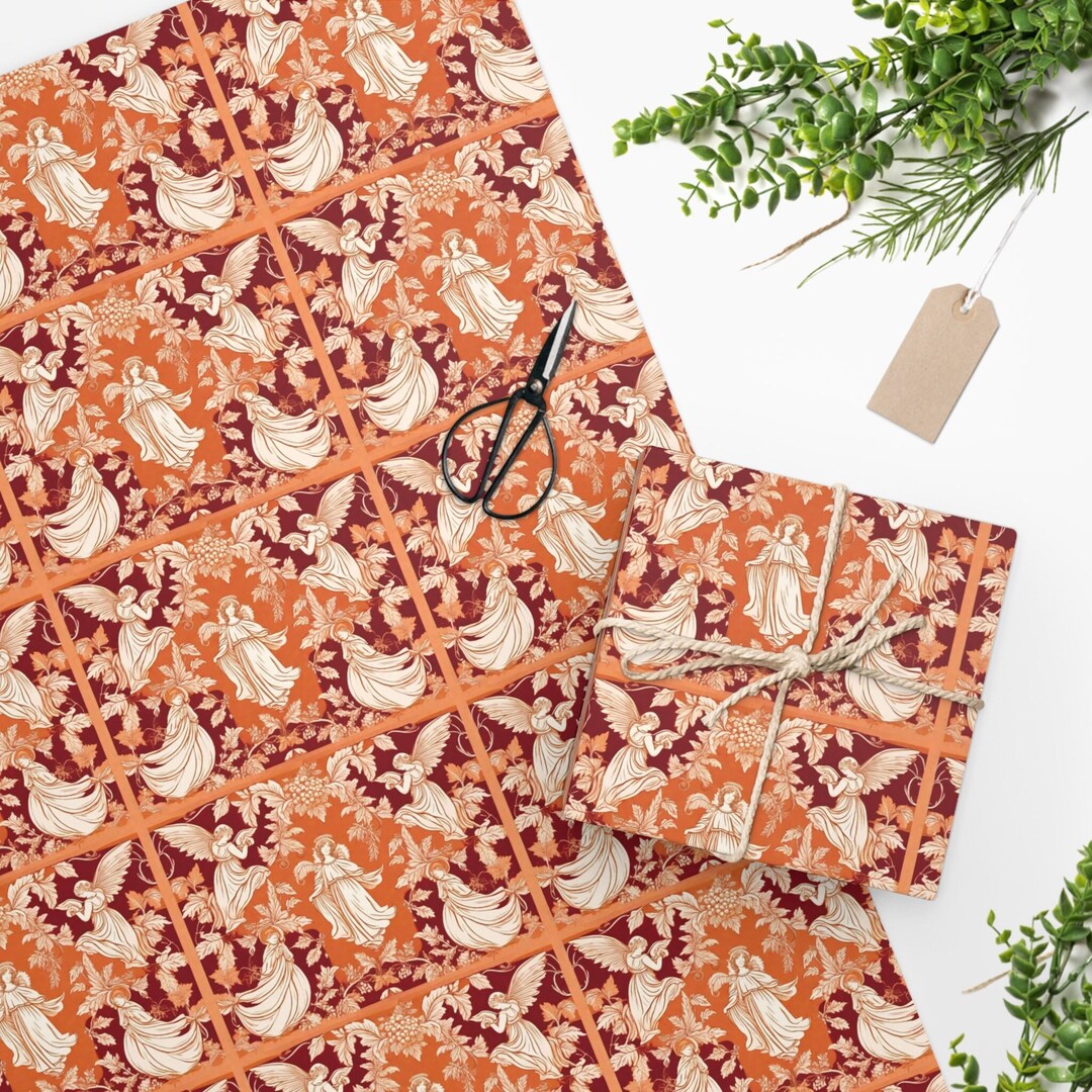 Christmas Angel Wrapping Paper | Religious Orange and Brown Gift Wrap ...