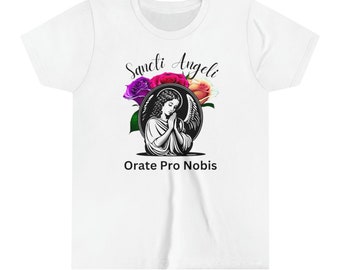 Catholic T-Shirt &quot;Holy Angels pray for us&quot; in Latin| Shirt for girls | Youth T-Shirt |Gift Graphic |Roses Tee Floral Top | Gift Catholic kid