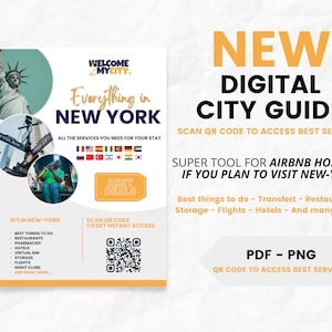 Könnte beinhalten: Ein weißer und orangefarbener Flyer mit dem Text "Welcome My City. Everything in New York" und einem QR-Code. Der Flyer wirbt für einen digitalen Stadtführer für Besucher von New York.