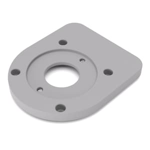 Peut inclure: Une plaque de montage plate en forme de U, de couleur gris clair, dotée d'une ouverture circulaire centrale. La plaque présente quatre trous circulaires régulièrement espacés sur le pourtour et deux petits trous filetés dans la zone centrale.