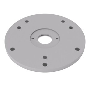 May include: A circular light gray mounting plate featuring a large central hole and eight smaller circular holes arranged in a symmetrical pattern around the perimeter and inner ring, designed for secure attachment and hardware installation.