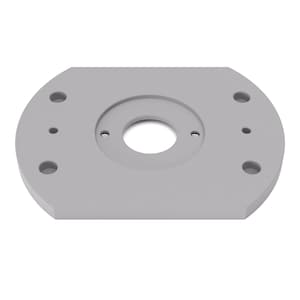 May include: A light gray, oval-shaped metal plate with a central circular indentation and multiple smaller holes. The plate has rounded edges and a smooth, matte finish. It appears to be a component or part of a larger mechanical assembly.