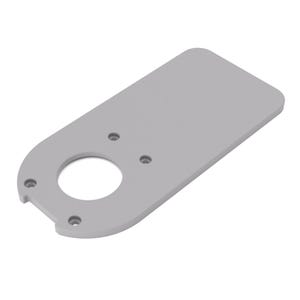 Peut inclure: Une plaque de montage rectangulaire en métal gris clair avec des coins arrondis. La plaque présente un grand trou circulaire central et quatre trous de vis plus petits et fraisés positionnés sur le pourtour pour une fixation sûre.