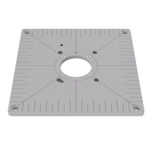 May include: A square light grey router base plate featuring a central circular opening, four corner mounting holes, and etched measurement markings along the edges. The plate includes a central ring secured by four screws and diagonal lines.
