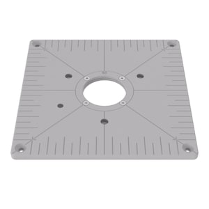 Peut inclure: Une plaque de base de défonceuse carrée gris clair avec une ouverture circulaire centrale, quatre trous de montage aux coins et des graduations gravées sur les bords. La plaque comporte un anneau central avec le nombre 60 imprimé.