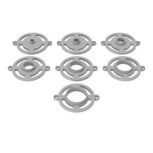 May include: Seven grey, circular plastic components with a central hole and three smaller holes around the perimeter. Each component has two small protruding tabs. The components are arranged in a grid pattern against a white background.