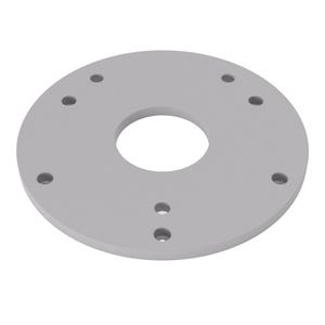 Peut inclure: Une plaque de montage circulaire gris clair dotée d'une grande ouverture centrale et de huit petits trous circulaires régulièrement espacés, disposés en motif autour du périmètre, conçue pour une fixation sécurisée et l'installation.