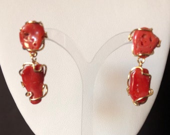 Gold-plated 925 silver earrings with "baroque" nuggets of real Mediterranean red coral set. Handmade in Italy.