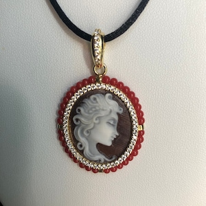 Woman sardonic cameo pendant on 925 silver setting and Mediterranean red coral beads. Handmade jewelry in Italy. image 1