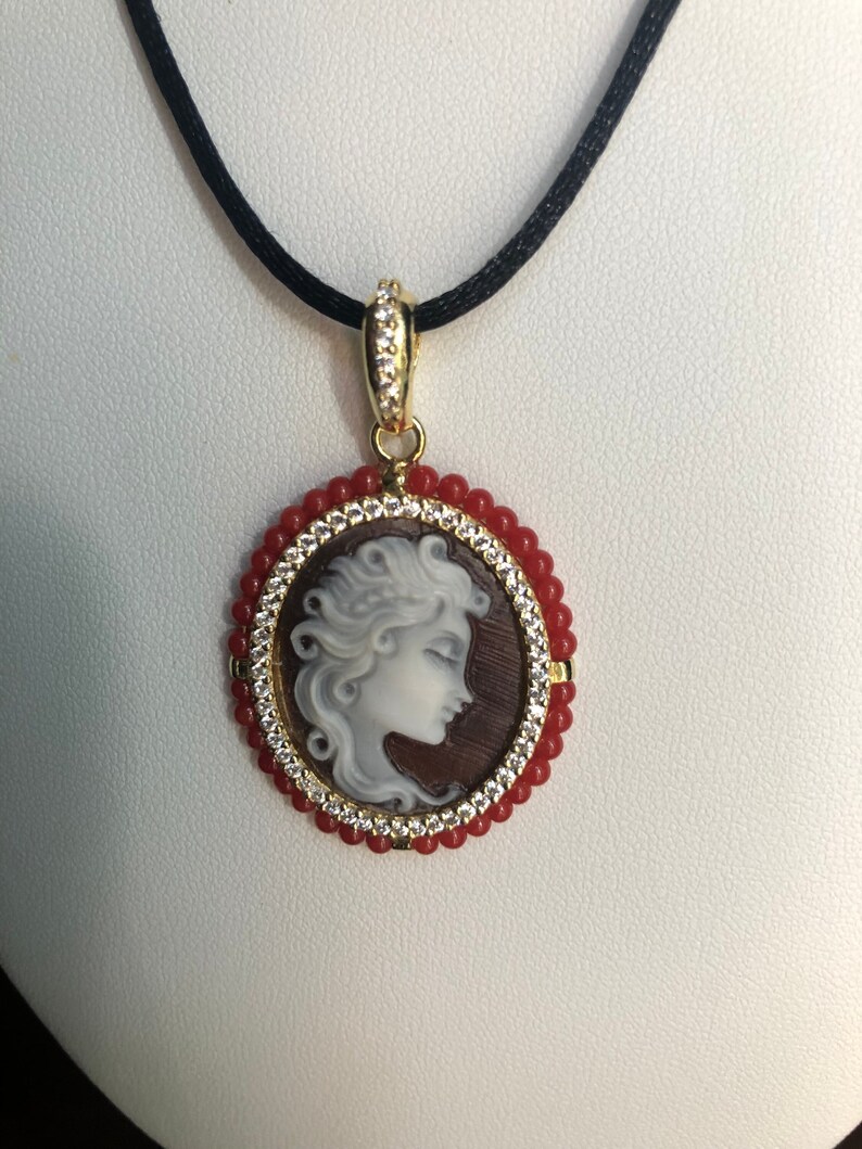 Woman sardonic cameo pendant on 925 silver setting and Mediterranean red coral beads. Handmade jewelry in Italy. image 1