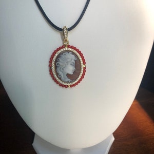 Woman sardonic cameo pendant on 925 silver setting and Mediterranean red coral beads. Handmade jewelry in Italy. image 3