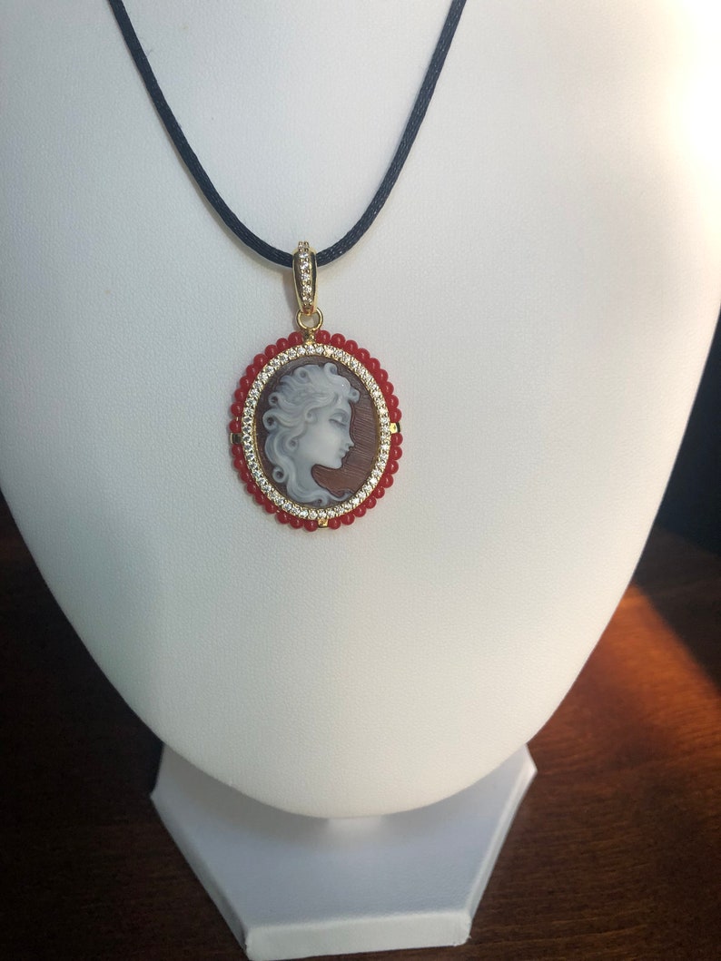 Woman sardonic cameo pendant on 925 silver setting and Mediterranean red coral beads. Handmade jewelry in Italy. image 3