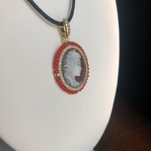 Woman sardonic cameo pendant on 925 silver setting and Mediterranean red coral beads. Handmade jewelry in Italy. image 2