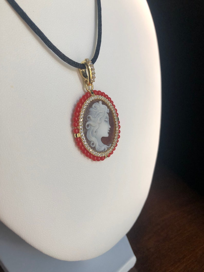 Woman sardonic cameo pendant on 925 silver setting and Mediterranean red coral beads. Handmade jewelry in Italy. image 2