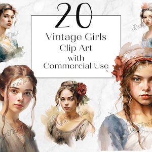 Vintage Girl Clipart | Watercolor |  Digital Download | Succulent Clip Art | Commercial Use | Transparent Clip Art PNG | Woman | Teen Girl