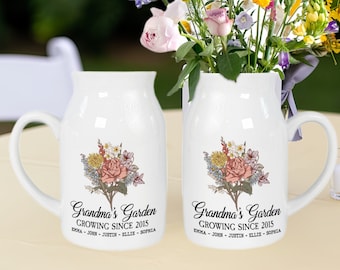 Customized children's birth month flowers -Grandma's bouquet vase -Nana's garden- Birthday flower ceramic vase water jug - Mother's Day gift