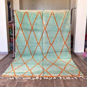 Luxury Handwoven Moroccan Berber Rug-Light Green with Orange Geometric Patterns, Berber Wool Area Rugs- Rug For Living Room-Custom rugs
