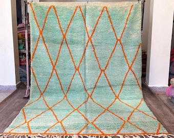 Luxury Handwoven Moroccan Berber Rug-Light Green with Orange Geometric Patterns, Berber Wool Area Rugs- Rug For Living Room-Custom rugs
