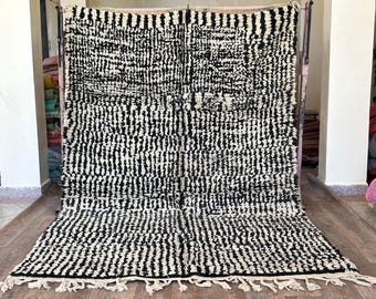 Striped Moroccan Wool Rug, Soft Beni Mrirt Wool Rug, Handmade Berber Rug, Black and White Area Rug, Plush Authentic Beni Wool Rug.