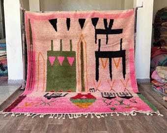 Amazing Moroccan Pink Rug - Custom Bohemian Rugs - Wool Rug pink and Green -Quality Handmade Morrocan Rug- Personalize Gifts For Home Decor.