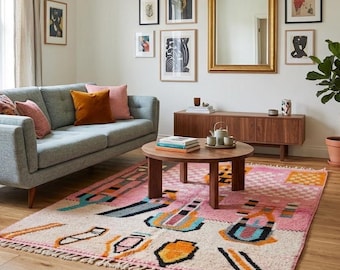 May include: A rectangular area rug featuring a pink and cream base with a geometric pattern in orange, blue, black, and white. The rug has a textured pile, fringed edges, and abstract shapes distributed across the surface on a wooden floor.