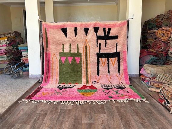 Amazing Moroccan Pink Rug - Custom Bohemian Rugs - Wool Rug pink and Green -Quality Handmade Morrocan Rug- Personalize Gifts For Home Decor.