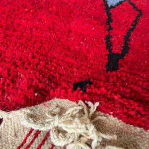 Peut inclure: Un tapis rouge &eacute;pais &agrave; poils longs pr&eacute;sentant un motif graphique noir et bleu clair. Le tapis poss&egrave;de un bord tiss&eacute; beige visible avec des rayures verticales rouges et des pompons &agrave; franges nou&eacute;s d&eacute;coratifs sur le bas de la pi&egrave;ce textile.