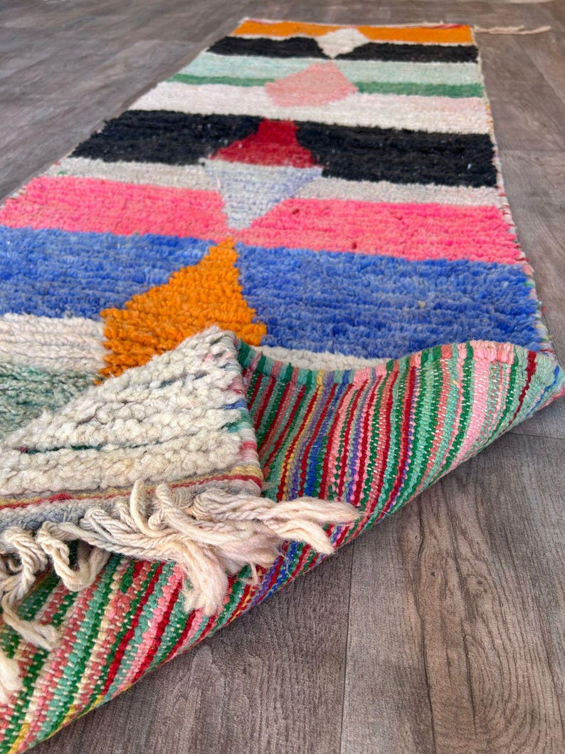 Handgjord bohemisk geometrisk ullmatta – Färgglad marockansk löpare – Livfull abstrakt design – Matta – Boho inredning – Vardagsrumsinredning – Handgjord matta bild 6