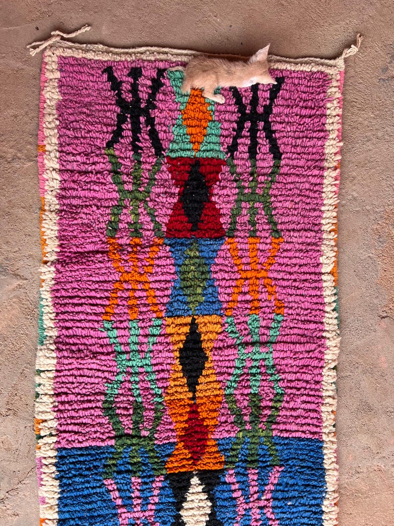 May include: A colourful, hand-woven rug with a geometric pattern. The rug has a pink base with black, orange, green, blue, and red geometric shapes. The edges are finished with a cream-coloured fringe. A small, light-coloured cat is resting on the rug.