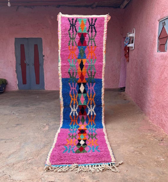 Unique Moroccan Berber Runner – Handwoven Wool Rug with Vibrant Colors – A True Statement Piece – Artistic Moroccan Runner Rug – 100% Wool.