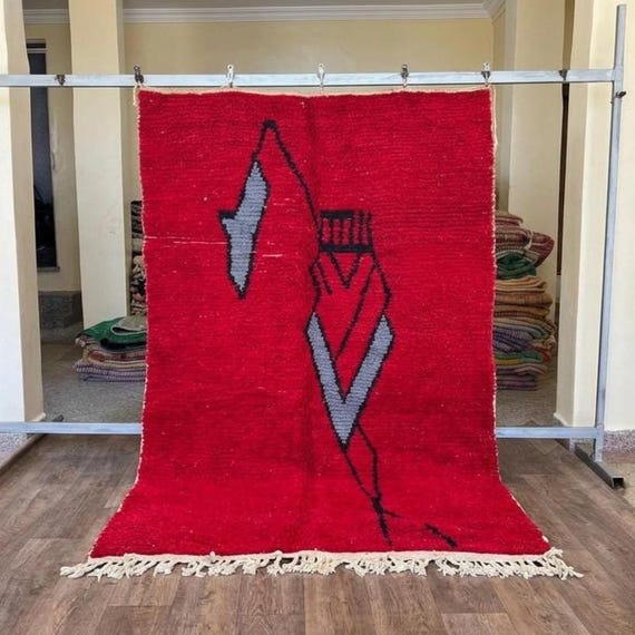 Boujad Moroccan Rug, Handmade Wool Rug, Red Berber Tribal Carpet, Vintage Boho Abstract Rug, Unique Statement Rug, One of a Kind Decor.