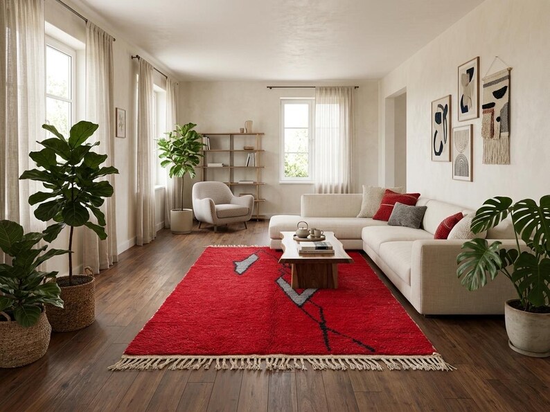 Peut inclure: Un tapis rectangulaire au fond rouge vif orn&eacute; de lignes g&eacute;om&eacute;triques abstraites noires et grises, avec des franges sur les bords. Le tapis est pos&eacute; sur un parquet en bois fonc&eacute; dans un salon avec un canap&eacute; blanc et une table basse en bois.