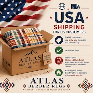 May include: A brown cardboard shipping box containing a folded rug with a multicolored plaid pattern. The box is labeled with the text Atlas Berber Rugs and a tag reading Handmade with love in Morocco. The background features a United States flag.