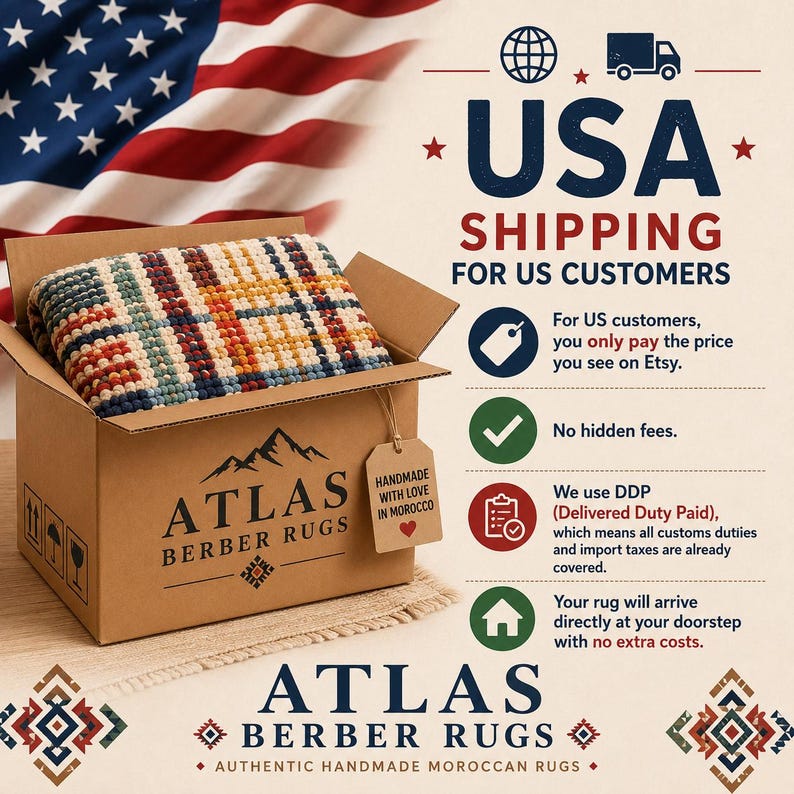 May include: A brown cardboard shipping box containing a folded rug with a multicolored plaid pattern. The box is labeled with the text Atlas Berber Rugs and a tag reading Handmade with love in Morocco. The background features a United States flag.