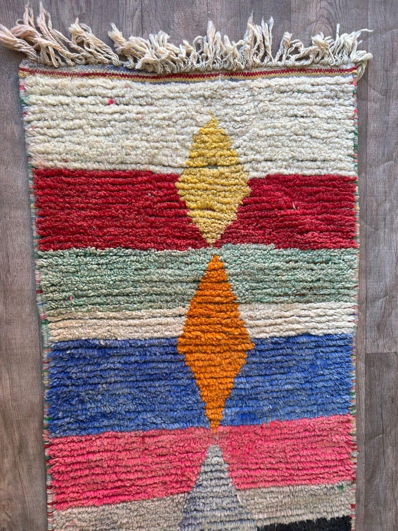 Handgjord bohemisk geometrisk ullmatta – Färgglad marockansk löpare – Livfull abstrakt design – Matta – Boho inredning – Vardagsrumsinredning – Handgjord matta bild 3
