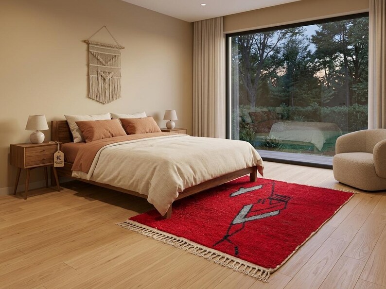Peut inclure: Un tapis rectangulaire rouge orn&eacute; d'un motif g&eacute;om&eacute;trique noir et blanc avec des franges aux extr&eacute;mit&eacute;s. Le tapis est pos&eacute; sur un parquet en bois clair dans une chambre comprenant un cadre de lit en bois, des oreillers terracotta et une tenture.
