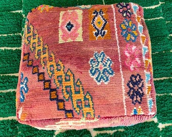 Pink Moroccan Wool Pouf | Handmade Berber Floor Cushion-Vintage Rug Ottoman | Boho Home Decor -Colorful Tribal Kilim Pillow- Unique Moroccan