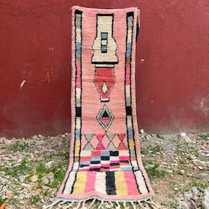 Pink Moroccan Runner Rug, Handwoven Wool Berber Rug, Geometric Tribal Runner, Boho Hallway Rug, Long Narrow Area Rug.