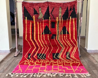 Handmade Moroccan Berber Rug –Bold Red Wool Carpet with Tribal Black & Yellow Geometric Symbols –Boho Abstract Atlas Area Rug - berber rug