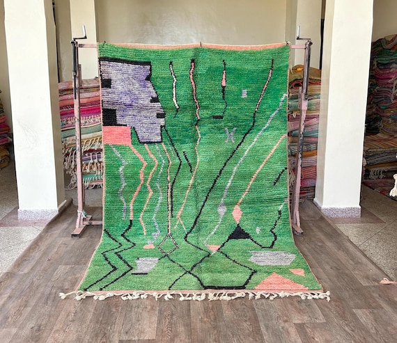 Unique artisan-made Moroccan rug-handmade green rug, green moroccan carpet- Soft wool rug for living room- Authentic handwoven Moroccan rug