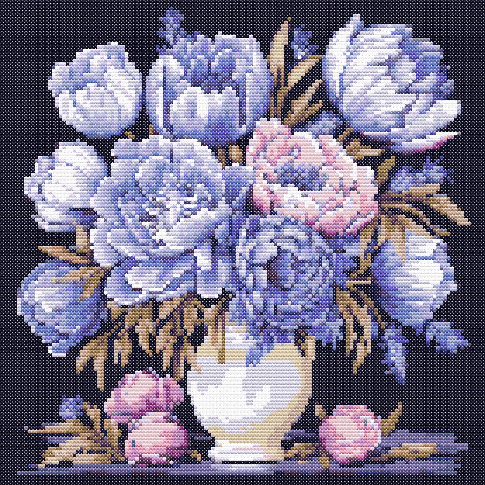 牡丹の花瓶のクロスステッチパターン 花のクロスステッチ 牡丹のクロス