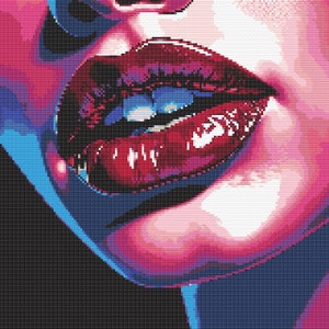 May include: Close-up of a woman's lips with bright red lipstick. The lips are slightly parted, revealing a hint of teeth. The background is a dark blue and purple.