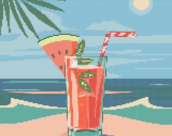 Schema per punto croce "Cocktail estivo", scena di spiaggia hawaiana (PDF)