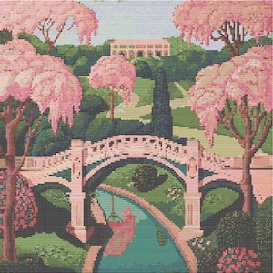 May include: A painting of a whimsical garden scene with a pink bridge over a winding stream. The bridge is made of stone and has a decorative archway. The garden is lush and green, with pink flowering trees and bushes. The painting is done in a style reminiscent of the early 20th century.