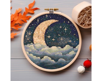 New Moon Cross Stitch Pattern Clouds And Stars Cross Stitch printable PDF file Cross Stitch Chart Instant Download PDF