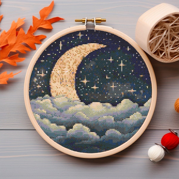 New Moon Cross Stitch Pattern Clouds And Stars Cross Stitch printable PDF file Cross Stitch Chart Instant Download PDF