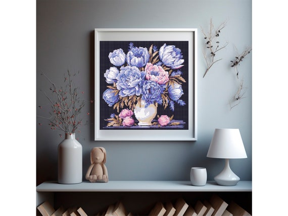 クロスステッチ　花瓶の牡丹【完成品】 牡丹の花瓶のクロスステッチパターン 花のクロスステッチ 牡丹の