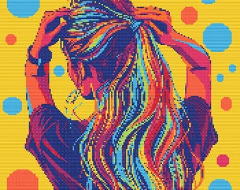 Pop Art Girl Cross Stitch Pattern, Colorful Bubble Design (PDF Pattern)